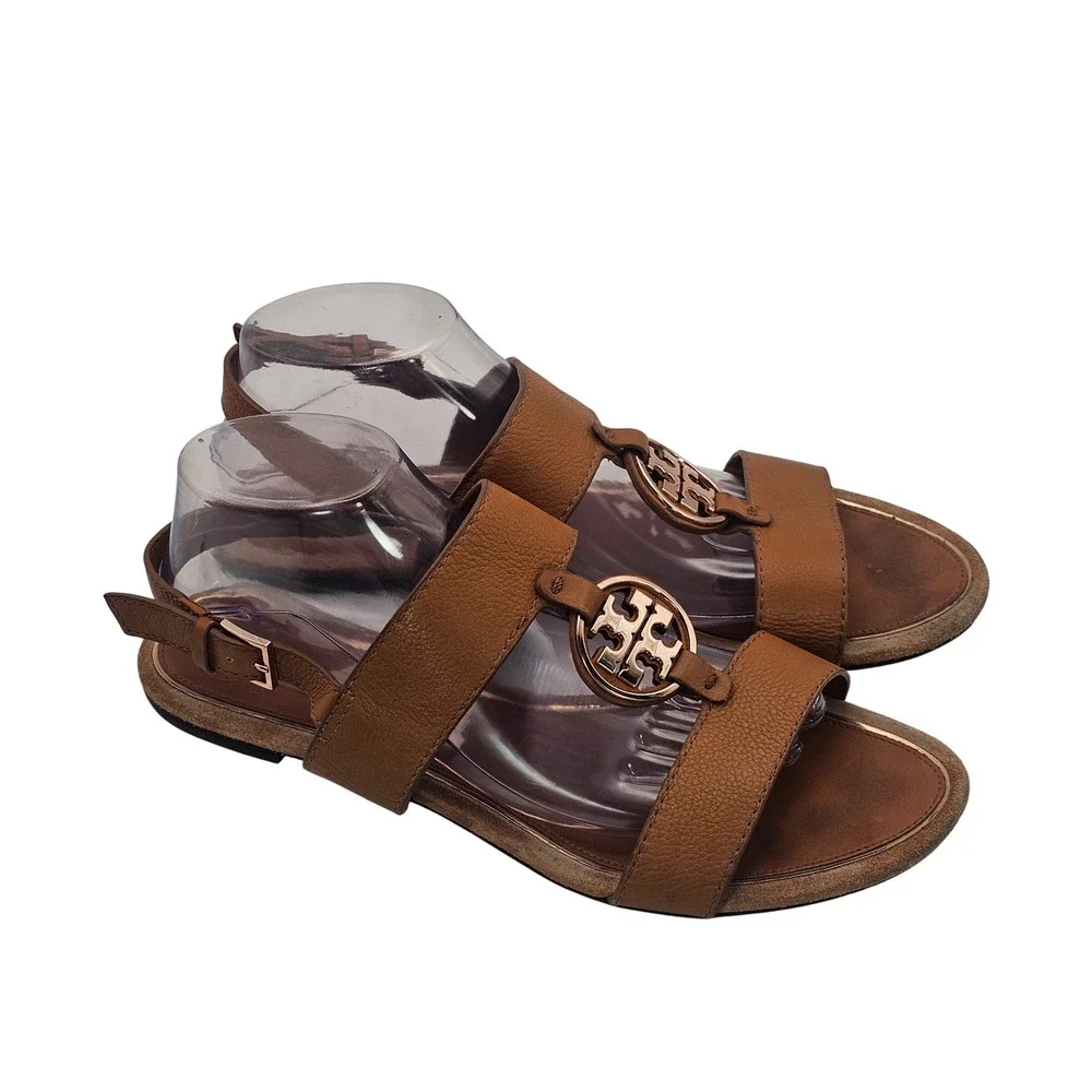 Tory Burch Metal Miller Two Band Calf Leather Sandal 11M Tan Rose Gold Designer